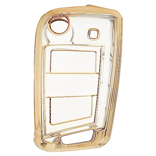 Image of JVCV Soft TPU Transparent Cover Compatible with Kylaq Slavia Kushaq Taigun Tiguan Virtus Octavia Kodiaq Superb Folding Key - Stylish Durable Protector Case (Transparent Gold)