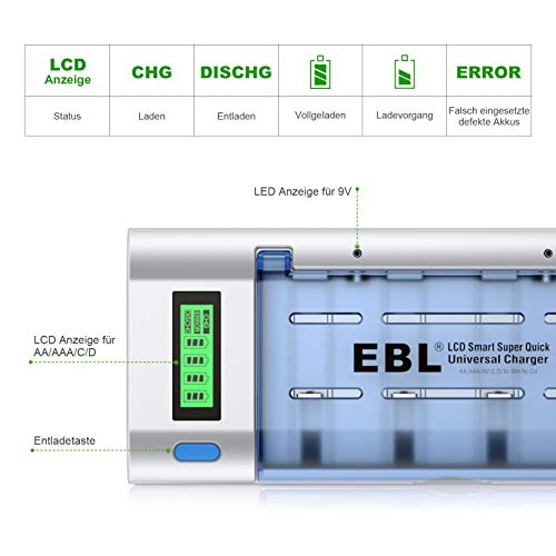 Akku-Ladegerät EBL mit LCD-Anzeige für AA/AAA/C/D/9V Batterien