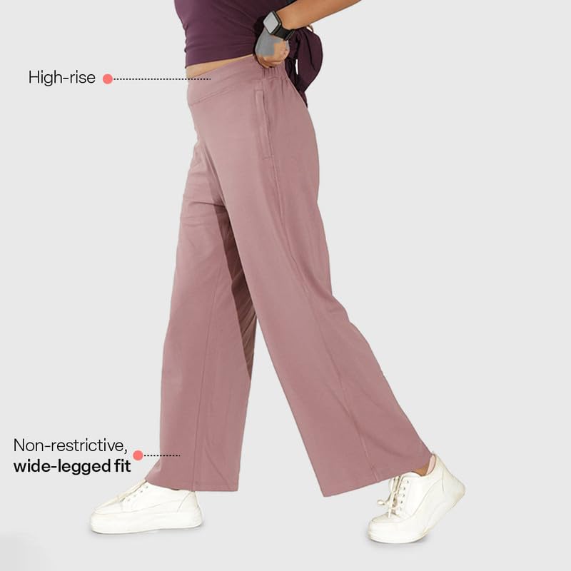 Image of BlissClub Women AM PM Cotton Wide Leg Pants | Wide Waistband | High Rise | Drawstring | 2 Pockets