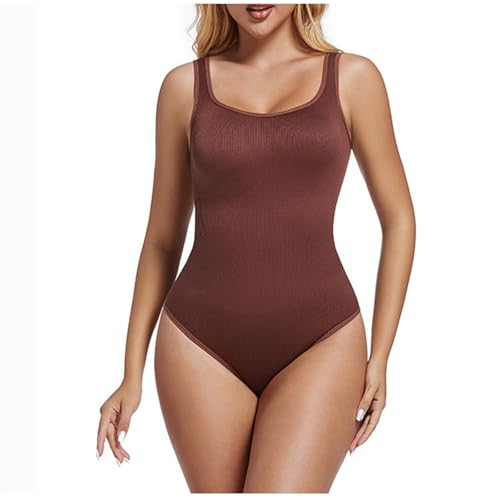 Women's Bodysuit Sleeveless Square Neck One Piece Bodysuit Tops Tummy Control Bodysuits Fashion Shapewear Coffee
