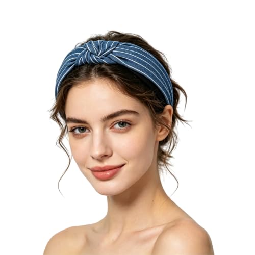 VASANA Denim Knot Headband Stripe Printing Knot Hair Hoop Non Slip Hairbands Fabric Hairhoop Blue Vintage Hair Accessories for Women Girls