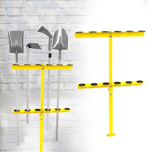 Soundforge Vertical Landscape Hand Tool Rack for Truck Trailers, Garage, or Shed – Holds 6 Long-Handled Tools like Shovels, Rakes, and Hoes with Rubber Grommets for Protection (YELLOW)