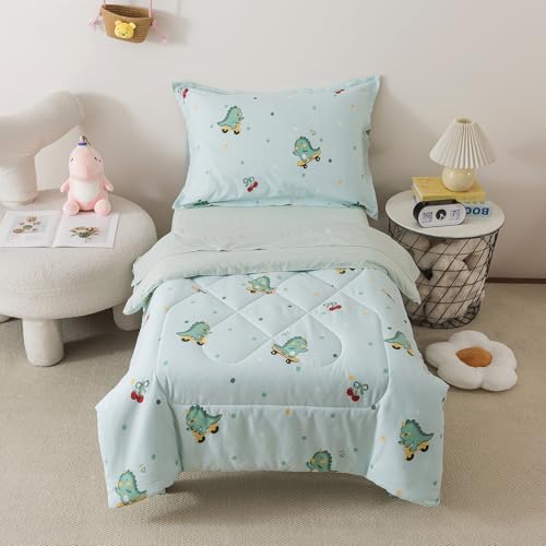 Image of Caressma 5 Pieces Twin Size Comforter Set Bed-in-a-Bag For baby & Kids,Soft Comforter Print Lovely Green Dinosaurs.Includes Comforter,Fitted Sheet,Flat Sheet,Pillow Case & Pillow Shame For All Seasons