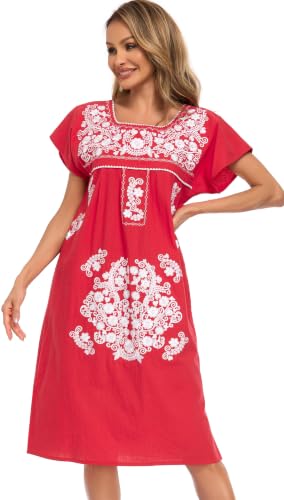 Image of YZXDORWJ Women Mexican Embroidered Long Dress Ruffle Collar Maxi Boho Floral Summer Short Sleeve