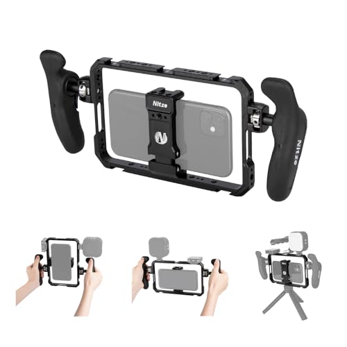 Nitze Téléphone Vidéo Stabilisateur, Cage de Télé Phone avec Poignées Latérales, Smartphone Video Cage Universelle en Aluminium pour Vidéaste, Vlogger et Youtuber - T-MP01B