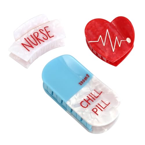 Nurse Cap Hair Claw, Red Heart Clip, Chill Pill Claw - Set of 3