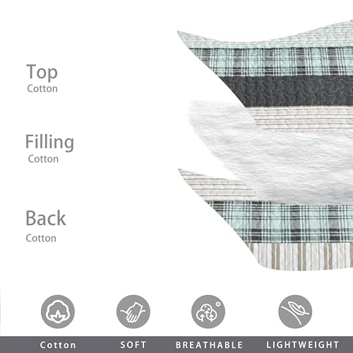 Image of Homzard 100% Cotton Quilts Queen Size Teal White Plaid Farmhouse Plaid Striped Bedspread Set,Lightweight Breathable Comforter Reversible Coverlet All Season 3 Pieces
