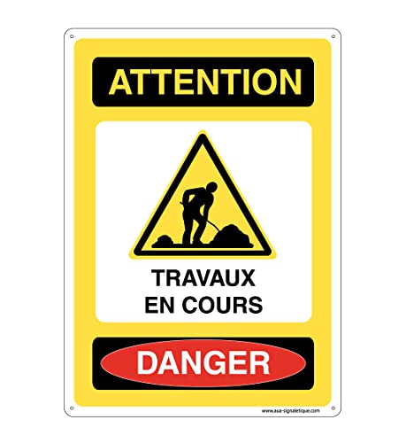AUA SIGNALETIQUE - Panneau De Signalisation en PVC Rigide et Compact 1.5 mm. (121 x 170 mm, Attention Travaux en Cours Danger)