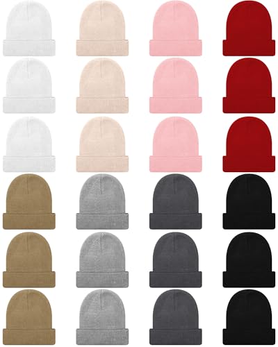 Toulite 24 Pcs Kids Winter Beanies Warm Cold Weather Hats Knitted Beanie Cap Solid Color for Boy Girl Children School Outdoor (Warm Color)