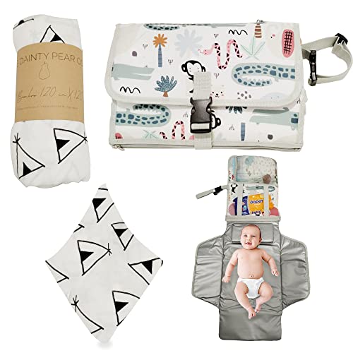 MINIWOOD Cambiador portátil e impermeable para bebé con 2 bolsillos portatoallitas y pañales con cojín para la cabeza, más muselina 120x120. Pack ideal para regalos originales bebés recién nacidos