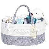 KiddyCare Woven Diaper Nappy Caddy Basket with Handle Lid | Diaper Caddy Basket with Dividers for Baby Boy/Girl, Diaper Tote Bag for Bady Storage for Car | Baby Nursery Canvas Caddy | Gray Regular