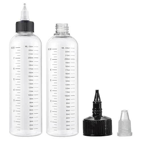 TNSLAND 2 Pièces Flacon Doseur à Embout, 230ml Flacon Applicateur Huile Cheveux avec échelle Graduée, Bouteille à Pousser Transparente pour La Peinture,...