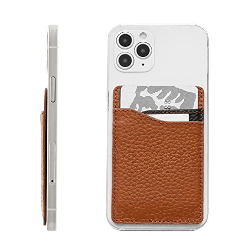 MISXIAO Genuine Leather Phone Card Holder for Back of Phone, Adhesive Stick-on Credit Card Wallet Pocket for iPhone, Android and Most Smartphones- Brown
