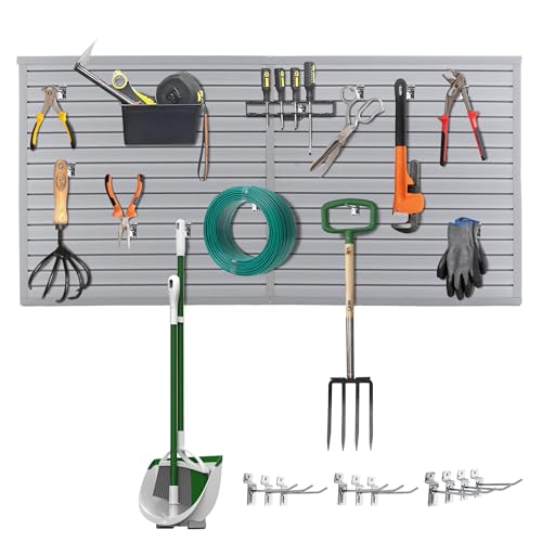 Slatwall Panel Garage Wall Organizer Storage Systems, Wall Mounted PVC Storage Rack with 10 Hooks, Interlocking Workshop Slat Wall Paneling Sheets Board Shelves Tools Organization-Grey (8’H x 4’W)