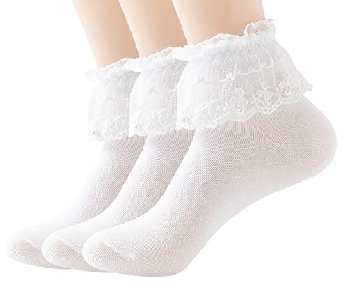 YASIDI Women Ankle Socks,Pearl Lace Ruffle Frilly Cotton Socks Princess Socks Lace Socks Cute Socks 3 Pairs (3 Pairs, White)