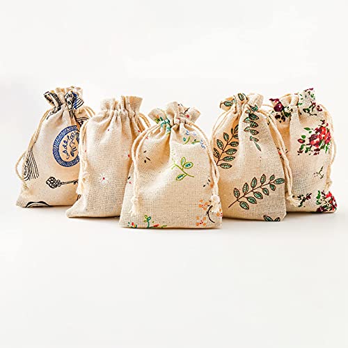 HERZWILD 25pcs Petits Sacs en Coton Sac Toile de Jute avec Cordon de Serrage, Pochette Lin Réutilisable pour Mariages Bijoux Noël la Fête Bricolage(type A)
