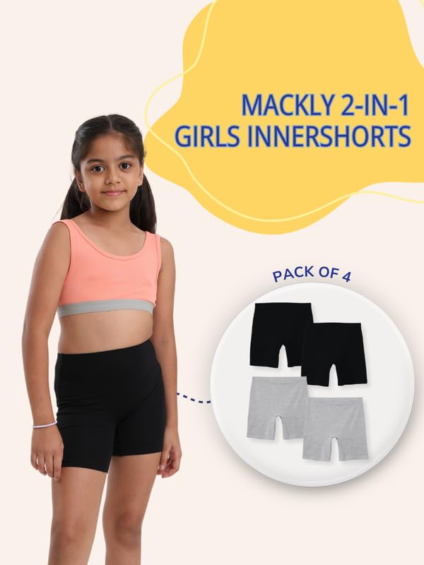 Image of mackly Girls Inner Shorts (Pack of 2) | 2-in-1 Seamless Panty Shorts with Gusset | Soft Breathable Base Layer for Dresses, Skirts