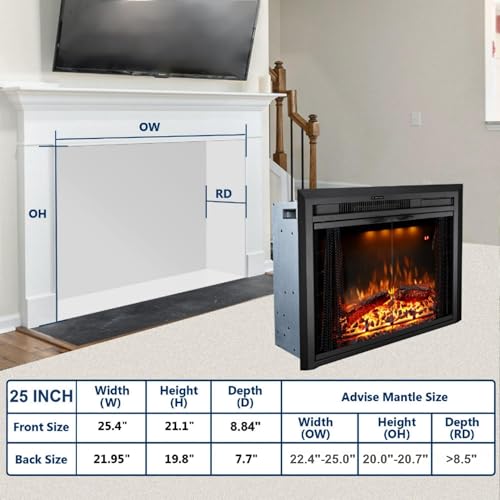 Velaychimney 25.4 Inches Electric Fireplace Insert, 750W/1500W Fireplace Heater with Adjustable Flame and Top Light Colors, Fire Crackling Sound, Remote Control, Timer, Glass Door & Mesh Screen, Black by Velaychimney - Image 5