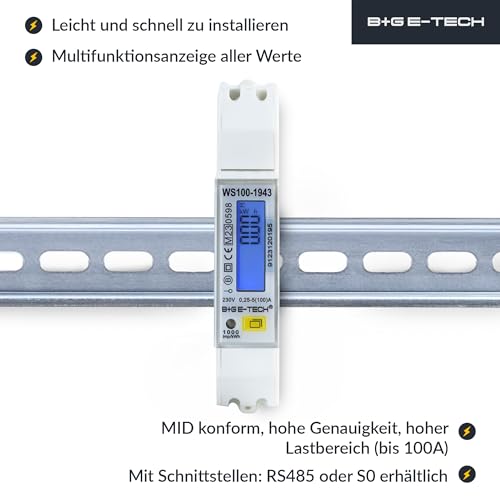 Bidirektionaler Stromzähler [WS100-1943 - MID 25] Import- und Exportenergie mit RS485 Modbus RTU Schnittstellen, Hohe Belastbarkeit bis 100A, Schlankes Design, Benutzerfreundliches LCD
