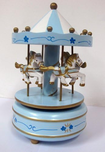 TNV Wooden carousel music box (White Blue and Blue Flower Pattern)
