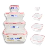 Potes Herméticos Quadrados KIT com 4, Tampa Plástica com Trava, MTS, Transparente, Varios Tamanhos, Armazena Alimentos Vedados, Resistente, Ideal Freezer/Microondas, Tamanhos 140ml, 940, 1530 e 2430ml