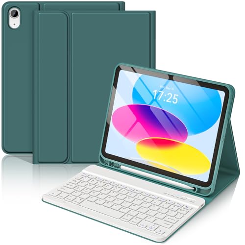 BQSS for iPad A16 11th 10th Generation Case with Keyboard, Auto Wake/Sleep, Detachable Wireless Bluetooth Keyboard Case with Pencil Holder for iPad 11-inch A16 2025 10th Gen 10.9 Inch 2022 Dark Green