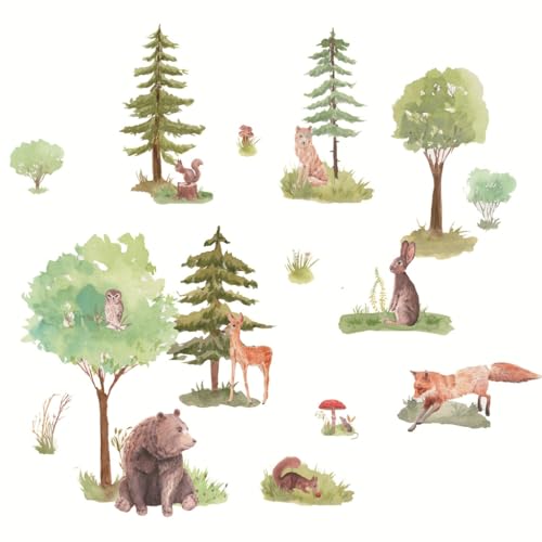 Calcomanías de pared con diseño de animales del bosque, acuarela, 37.5 x 19.5 pulgadas, oso, zorro, ciervo, búho, conejo