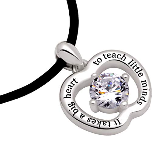 Alov Jewelry Sterling Silver "It Takes A Big Heart To Teach Little Minds" Cubic Zirconia Apple Pendant Necklace For Teacher #TOP2
