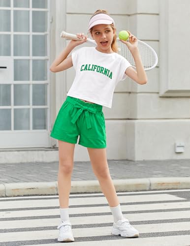 Image of Arshiner Girls 2 Piece Outfit Summer Drop Shoulder Batwing Sleeve Tops and Paperbag Waist Shorts Set Cute Clothing Size 6-14