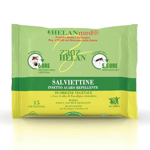 Helan Med Zanzhelan - Salviette Umidificate Antizanzare Bambini Adulti 100% Cotone Bio, Anti Zanzare con Olio di Neem, 15 Salviettine Repellente Zanzare Zecche Fino a 6 Ore, Presidio Medico Chirurgico