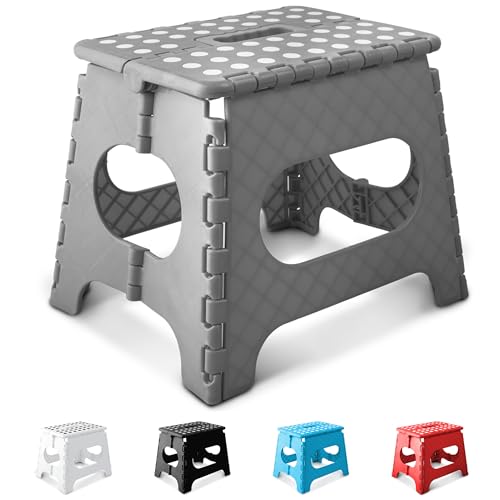 KEPLIN 11 Inch Heavy Duty Folding Step Stool | Non-Slip Foldable Footstool for Toddlers Children & Adults | Portable Lightweight Plastic Footstep w/Carrying Handle for Indoor or Outdoor (Grey)