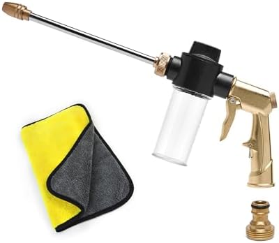 MOSIKEN Car Wash Foam Gun for Hose, High Pressure Foam Gun Car Wash Sprayer with 100cc/3.5oz Plastic Soap Dispenser Bottle + Washing Towel, For Gardening, Watering Plants, Floor Cleaning (Brass)