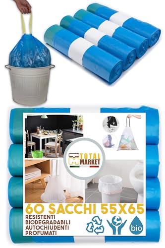 TM - 60 bolsas de basura de 55 x 65 cm, color azul, perfume talco, 40 litros, antiolores con asas para tirar y cerrar, bolsas de basura para recogida selectiva, bolsas de basura de alta densidad de