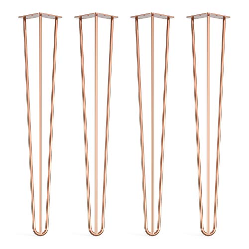 4 x Hairpin Legs with Floor Protector Feet & Screws - 71cm 3 Rod / 10mm, Rose Gold Copper