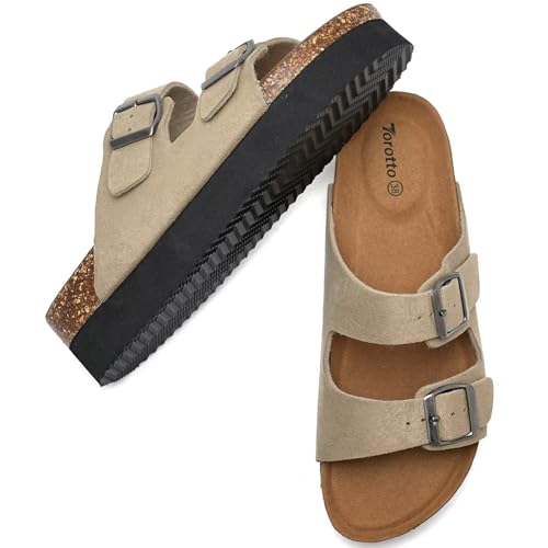 Image of Torotto Womens Slides with Cork Footbed Open Toe Adjustable Webbing Flat Sandals for Walking | Beach | Indoor