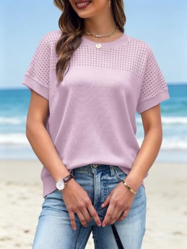 Anbech Crochet Tops for Women Short Sleeve Knit Sweater Pullover Shirt Hollow Out Lightweight Summer Beach Vest Outfits Purple — view 4