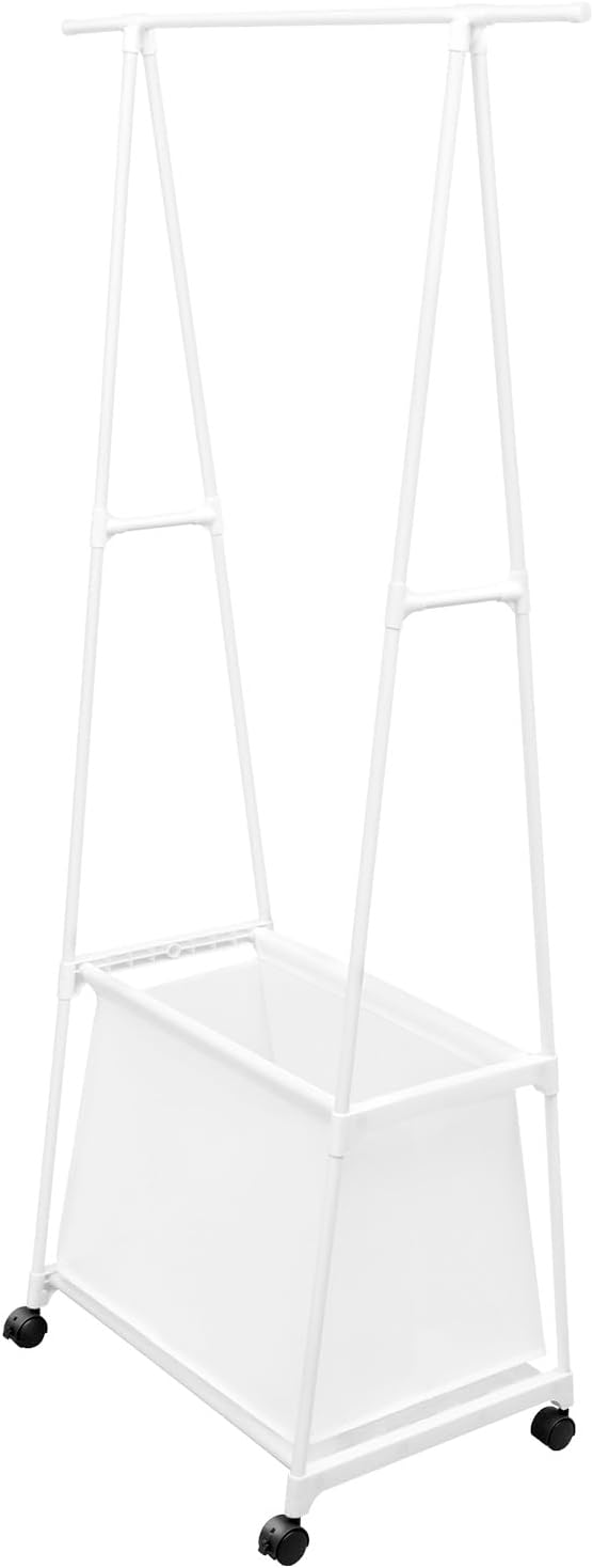 Laundry Cart with Hanging Rack, Fabric Laundry Hamper with Wheels, Small Clothes Rack with Fabric Basket Organizer Clothes Sorter for Hotel Home (21.7" x 16.5" x 63", White)