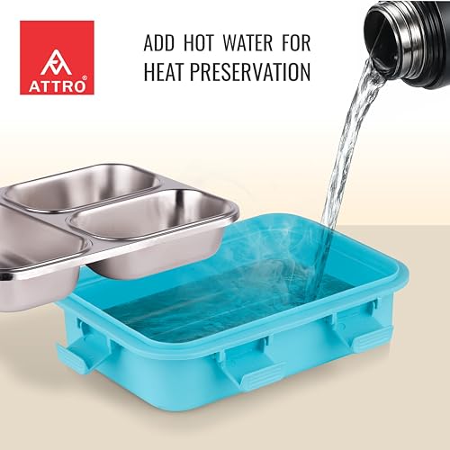 Image of ATTRO Trio Meal Stainless Steel Lunch Box with 3 Partition, Microwave Safe, Airtight Leakproof Silicone Seal Lid, BPA-Free Food Grade Tiffin Box for Office School Kids - 600ml - Blue