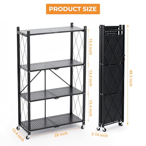 Image of COKIHOM 4 Tier Foldable Storage Shelf, Large Capacity Metal Shelf Rack, Rolling Bookshelf with Wheels, Wire Shelf Organizer for Kitchen, Pantry, Office, Garage, Basement, Black