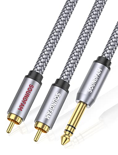 6.35mm to 2RCAケーブル SOUNDFAM オーディオ変換ケーブル RCA/ピンプラグ×2(赤.白) - 6.3mm ステレオ標準プラグ TRS ステレオオーディオ 相互接続ケーブル スピーカー/オーディオミキサー用 グレー(6.35mm〜2RCA, 5M)