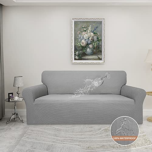 Image of Easy-Going 100% Waterproof Couch Cover, 3 Cushion Couch Slipcover for Sofa | Leakproof Sofa Cover, Stretch Jacquard Furniture Protector Against Stain Spill from Kids, Pets, Dog (Sofa, Light Gray)
