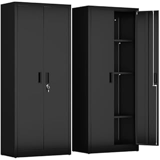 FlairVibe Metal Storage Cupboard with 2 Door and 3 Adjustable Shelves,170CM Lockable Storage Cabinet,Garage,Home,Office,Easy Assemble Required（Black
