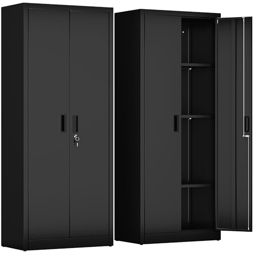 FlairVibe Armario de almacenamiento de metal con 2 puertas y 3 estantes ajustables, armario de almacenamiento con cerradura de 170 cm, garaje, hogar, oficina, fácil de montar (negro)