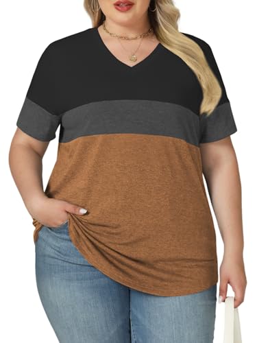 Womens-Plus-Size-Tops Summer Short Sleeve Casual V Neck Tunics Trendy Color Block Fashion T Shirts2