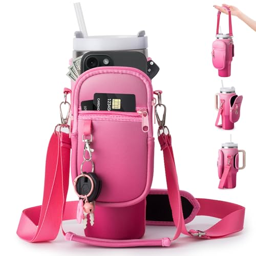 Image of linmaya Water Bottle Carrier Bag with Phone Pocket for Stanley Cup 40 /30oz,Insulated Neoprene Water Bottle Holder Cross-boday Bag with Adjustable Shoulder & Handheld Strap Stanley Cup Accessories