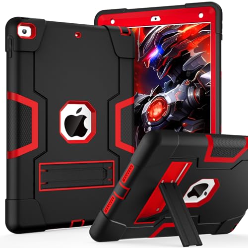 Cantis Case for ipad 9th Generation/ 8th Generation/ 7th Generation, Slim Heavy Duty Shockproof Rugged Protective Case with Built-in Stand for iPad 10.2 inch 2021/2020/2019 (Black+Red+Black)