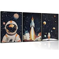 3Pcs Space Astronaut Wall art Cute Astronaut Canvas Nursery Galaxy Posters Modern Space Themed Print Rocket Pictures Toddler Boy Room Wall Decor for Adventure Kids Bedroom Nursery Room Unframed