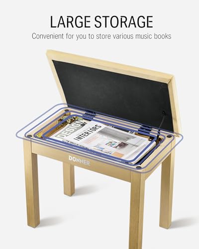 Donner Piano Bench with Storage, Solid Wood Keyboard Bench Piano Bookcase Stool Chair Seat with High-Density Suede Cushion, Light Wood Color - image 3