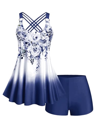 ROSE GAL Womens Plus Size Curve Ombre Color Floral Print Crisscross Modest Tankini Swimsuit Set