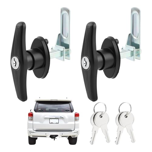 2PCS Truck Cap Locking T-Handle Left & Right Truck Cap Topper Camper Shell Locking T-Handle Latch with Keyed Lock Door Loc-King Kit Accessories(Color:Black+Silver)